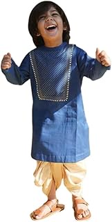 Kids Baju Raya for Eid, Racial Harmony, Deepavali Ethnic Wear Costume Blue Diagonal Yoke Silk Dhoti Set