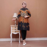 Batik Tunik Lapis Furing Trikot Full Kancing Depan Lengan Panjang Baju Batik Wanita Kantoran