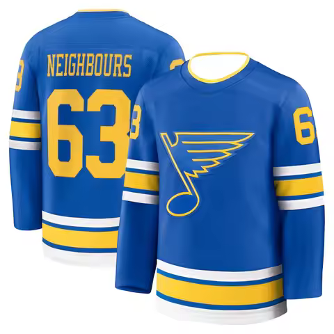 Hockey Jersey - Blue with Yellow/White Accents "Neighbours 63" Classic Note Logo Athletic Jersey 3d 