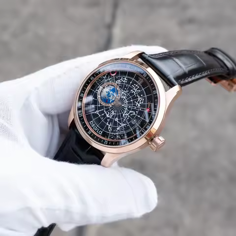 OBLVLO Mens Luxury Rose Gold Mechanical Watch Luminous Black Dial with Crystal Bezel Leather Strap E