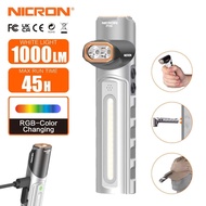 NICRON ไฟฉายแบบชาร์จไฟได้ PT10ไฟฉายแบบแบน EDC 1000ลูเมนพร้อมหัวหมุนได้90 ° และแม่เหล็กแรงสูง4โหมดสีข