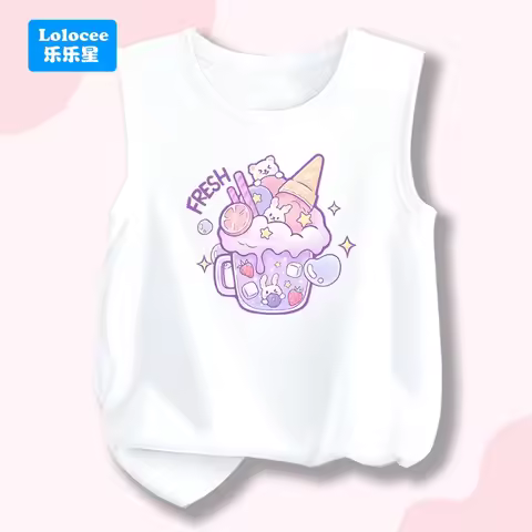 Korean Version Baby Girl Summer New Drink and Ice Cream Print Tank Top Sleeveless T-shirt Cotton Ves