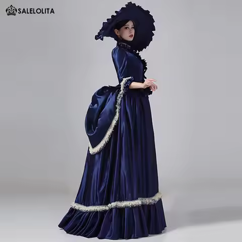 19th Century Women Navy Blue and Champagne Victorian Bustle Dress Historical Costume