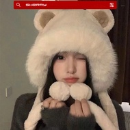 Stylized Sherry rabbit fur hat, lovely stylish warm fur hat with string