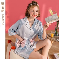 玛伦萨（manza）芬腾【凉感冰丝】夏季女睡衣两件套舒适亲肤家居服套装女可外穿 浅兰 M