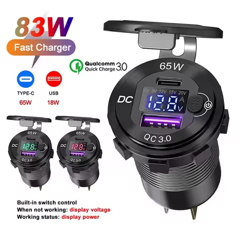 Upgraded 12-24V USB Outlet 83W Car Charger Laptop Socket 65W PD & QC3.0 Motorcycle Socket Power Outl