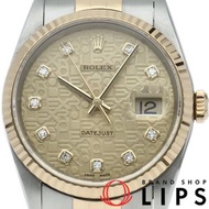 二手勞力士 Datejust 男士腕錶，型號 16233G(S)，18K 黃金/不銹鋼材質，鑲嵌 10 顆鑽石，配備電腦顯示錶盤，香檳色顏色，1993 年產，品相極佳。