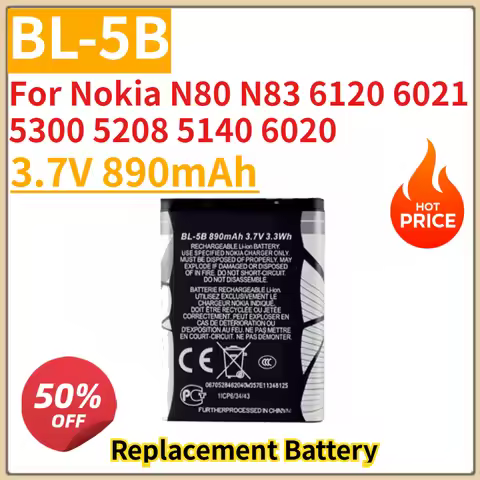 New BL-5B Replacement Mobile Phone Batteries 3.7V 890mAh For Nokia N80 N83 6120 6021 5300 5208 5140 