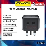 Awei PD46 Charger Adapter 45W Fast Charging Charger 45W Charger Wall Plug 3 Pin UK Plug Awei Charger