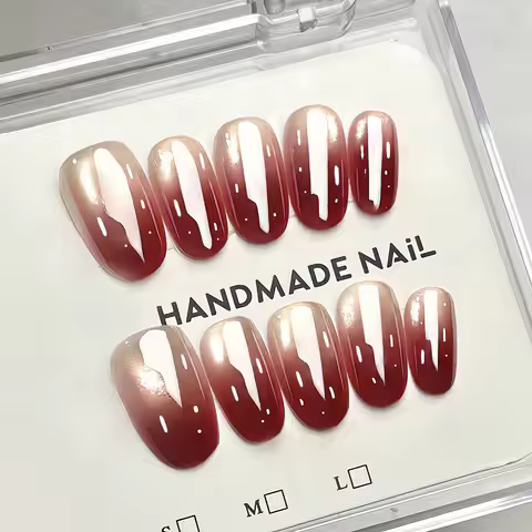 10pcs Earl Grey Black Tea Handmade Nails Cherry Red Cat Eye Press on Nail Short Oval Fake Nail For W