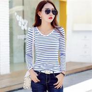 S-3XL Long-Sleeved Versatile t-Shirt~Cotton Slim-Fit Fashion V-Neck Striped t-Shirt Women's Bottomin