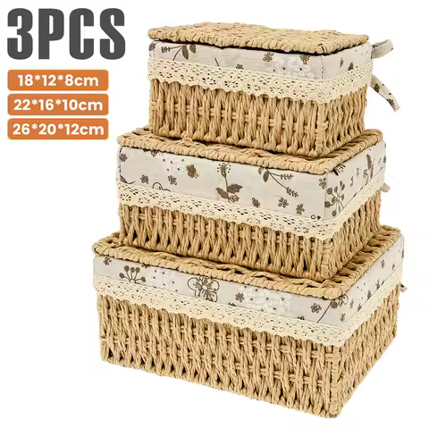 3Pcs Rattan Woven Storage Basket Stackable Food Towels Clothing Basket Cosmetic Rectangular Storage 