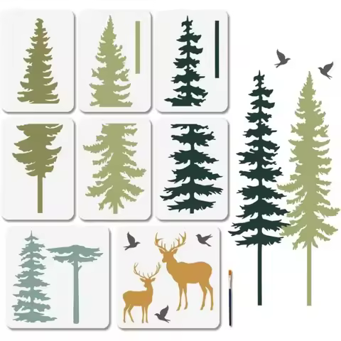 8Pcs Pine Tree Deer Stencils Reusable Forest Animal Stencils for Painting 11.8×11.8/11.7×8.3inch Tre