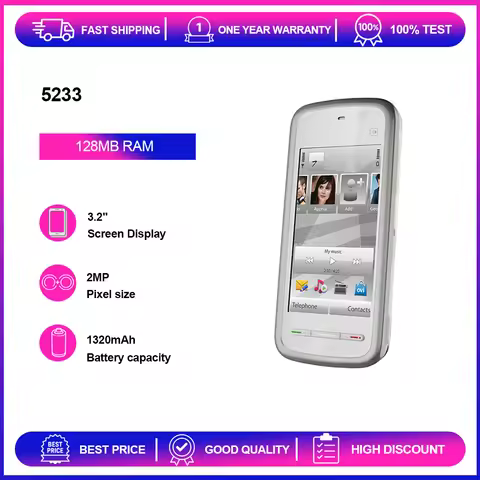 Unlocked Refurbished 5233 2MP 2G GSM 900 / 1800 1320mAh Phone 3.2 inches 128MB RAM