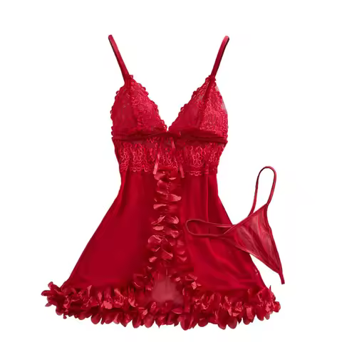 Transparent Lingerie Women's Underwear Flower Edging Lace Nightdress And Thongs Pijamas Sets Female 