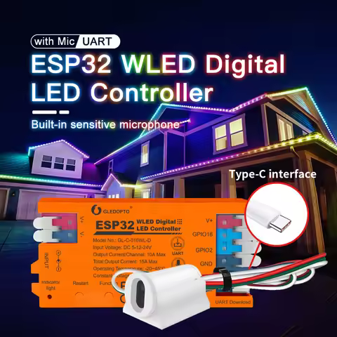 GLEDOPTO ESP32 WLED LED Controller Built in Microphone DIY Dynamic Mode UART Type-C Download Easy Wi