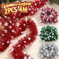 2PCS Christmas Snowflake Tinsel Garland 4M Red White Fluffy Party Room Decor