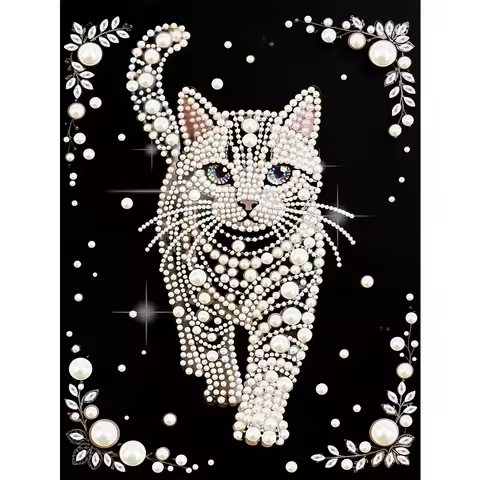 DIY Half Pearl Water Diamond Cat Pattern Diamond Painting Set (Adult Version) Handmade 15.7x11.8-inc