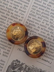 CHANEL 香奈兒 玳瑁 圓形 綴飾 耳環 香檳金 棕色 古董 復古 精品