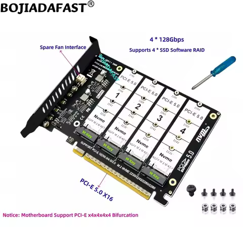 PCIe X16 PCI-E 5.0 16X to 4 * NGFF M.2 M-Key 2280 NVME SSD Adapter Card GEN5 MB Supports PCIe X4x4x4