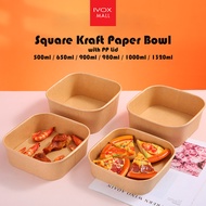 Square Food Kraft Paper Bowl with PP Plastic Lid / Packaging Containers Box / Disposable Eco-friendl