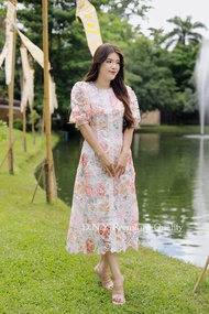 Maxi dressผ้าลูกไม้พิมพ์ลาย แต่งคอกลม L-6XL ชุดสาวอวบ อ้วน ชุดใส่ทำบุญ ลูกไม้ ชุดไปวัด ชุดงานหมั้น ช
