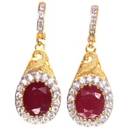 ต่างหูพลอยแท้ ทับทิม สีแดง 9 x 11 mm. ล้อม เพทาย-ขาว เงินแท้ 925 ชุบทอง 18k