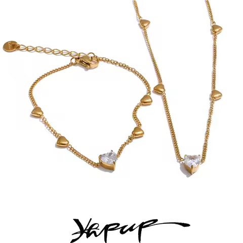Yhpup Delicate Bling Zirconia Heart Love Chain Necklace Bracelet Bangle Charm Stainless Steel High Q