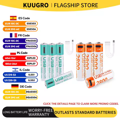 kuugro USB 1.5V AAA and AA Rechargeable Lithium ion Batteries 1.5V 2800mWh aa Li-ion Batteries+666mW