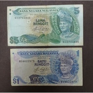 1982-1984 MALAYSIA 5TH SERIES 1 & 5 RINGGIT BANKNOTES.