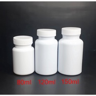READY STOCK 80ml 120ml 150ml White PET Thick Bottles with White Cap Capsules Bottles, Medicine Plast