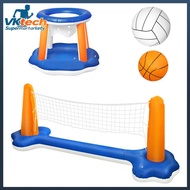 Inflatable Pool Volleyball Net with Balls Basketball Hoops Pool Float Set for Kids Teens Adults Fami