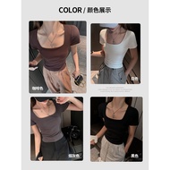TW Summer Pure Cotton Square Neck Hot Girl Front Shoulder Short-Sleeved T-Shirt Women's Slim-Fit Sli