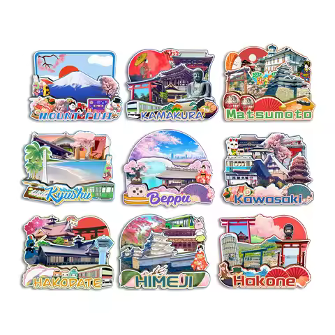 Hakone Himeji Hakodate Kawasaki Kyushu Matsumoto Kamakura Mount Fuji Beppu Japan Fridge Magnet Trave