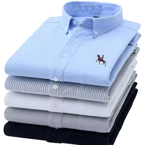 S-6XL Oxford Shirts for Men Long Sleeve Pure Cotton Solid Stripe Leisure Embroidered Horse Streetwea