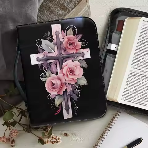 Pink Flower Cross Bible Cover for Girl Medium Size Bible Cover for Women Men Leather Rose Bible Case