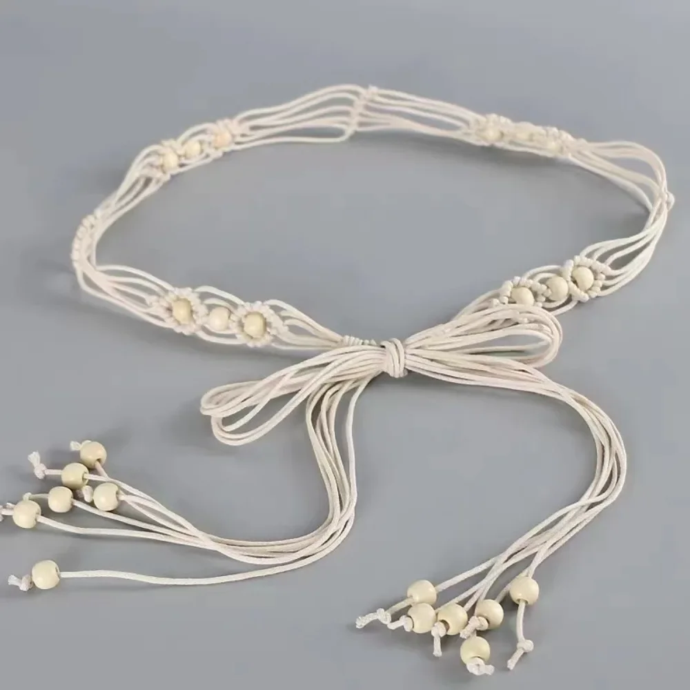 Woven Cord Belt Skinny white belt for women with wooden beads