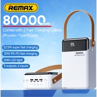 80000mAh Super Large Capacity REMAX RPP566 Power Bank with LED Light Inbuilt Cable Fast Charging