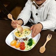 【SPICE】日本 PETIT'S MAMAN 兒童天然木頭叉子&amp;湯匙套組-機器人