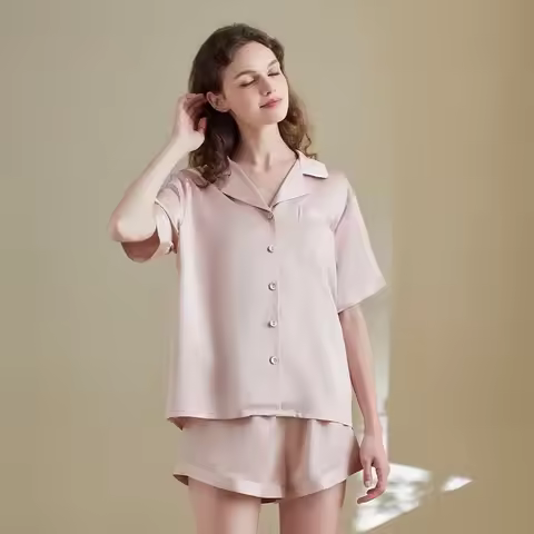 100% Pure Mulberry Silk Pajamas Set for Women Sand Washed Mulberry Silk Short Sleeve Print Pajamas N