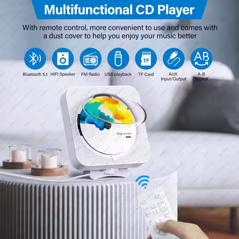 Portable CD Player Built-in Speaker Stereo with Double 3.5mm Headphones Jack LED Screen Wall Mountab