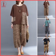 fulaide 2 Pcs/Set Women T-shirt Pants Set O Neck Short Sleeves Patchwork Printed Top Elastic Waist W
