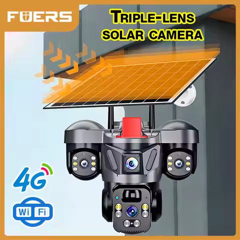 FUERS 4G WIFI Solar Camera V380 Pro 6MP 10X Zoom Triple Lens 4G Solar Outdoor Three Screen Motion De