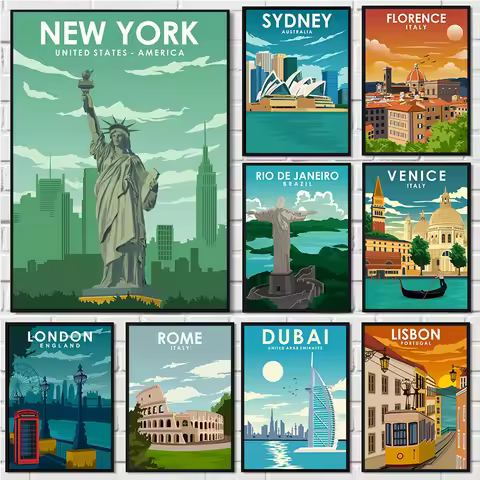 Nordic Retro City Travel Poster London New York Lisbon Venice Sydney Rome Italy Canvas Painting Mode