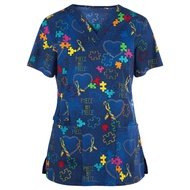 Scrub Tops Womens, Women V Neck Scrub Cartoon Pattern Working Uniform with Pocket Nurse Uniform Medi