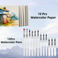 12 Sets of Watercolor Pens + 10 Watercolor Papers suitable for students painting and watercolor artw