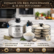 2IN1 3.5L Stainless Steel Rice & Pasta Strainer Pot with 16 Idli Steamer 4 Plates Multipurpose Cooki