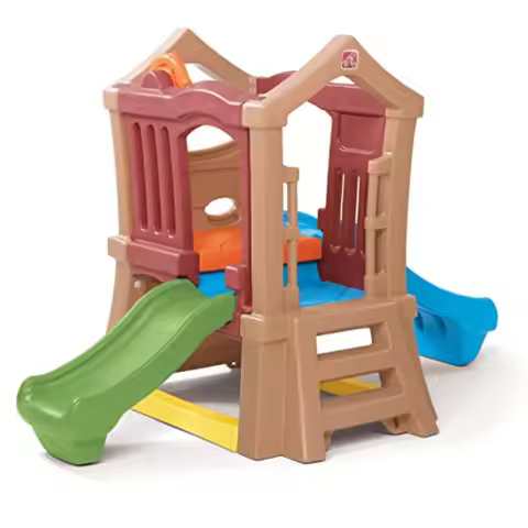 Play Up Double Slide Climber Outdoor Playset Backyard Playground Set 2 Slides Elevated Playhouse Out