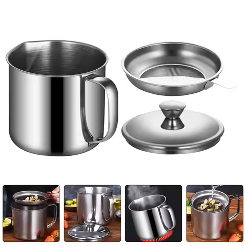 Grease Oil Filter Pot Stainless Steel Cup Grilling Accessories Tuna Strainer Storage Can Silver