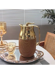 1入組1000毫升/34盎司阿拉伯風格的木紋＆金色玻璃內襯保溫瓶，適用於熱＆冷飲料，茶，咖啡，水，保持溫暖達12小時，冷藏達24小時
